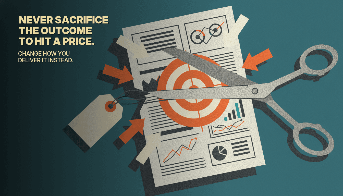 Collage of scissors cutting a bullseye out of a proposal to fit a price tag, with the line: Never sacrifice the outcome to hit a price.